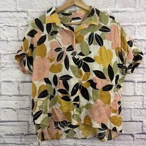 Rachel Zoe M 100% Linen Button Down Top Floral Tropical Resortwear Summer Brunch